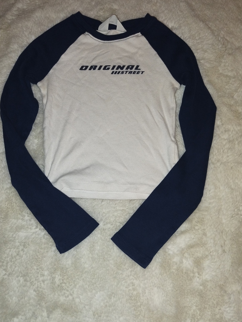 H&M White and Navy Raglan 'ORIGINAL' Long Sleeve Tee
